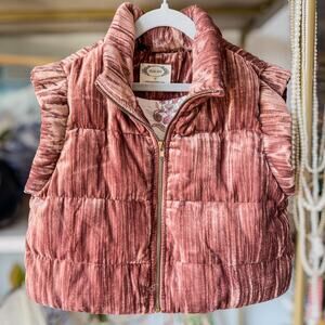 Mia Joy, Mocha Crushed Velvet Style Floral Lined Puffer Vest, Girls Size 10